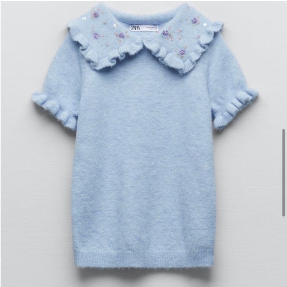 Zara Light Blue Ruffled Collar Top - Picture 10 of 11